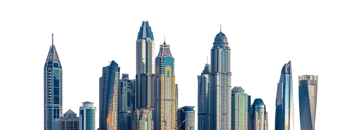 A cityscape displaying a series of tall building, highlighting metrics related to urban architecture and growth